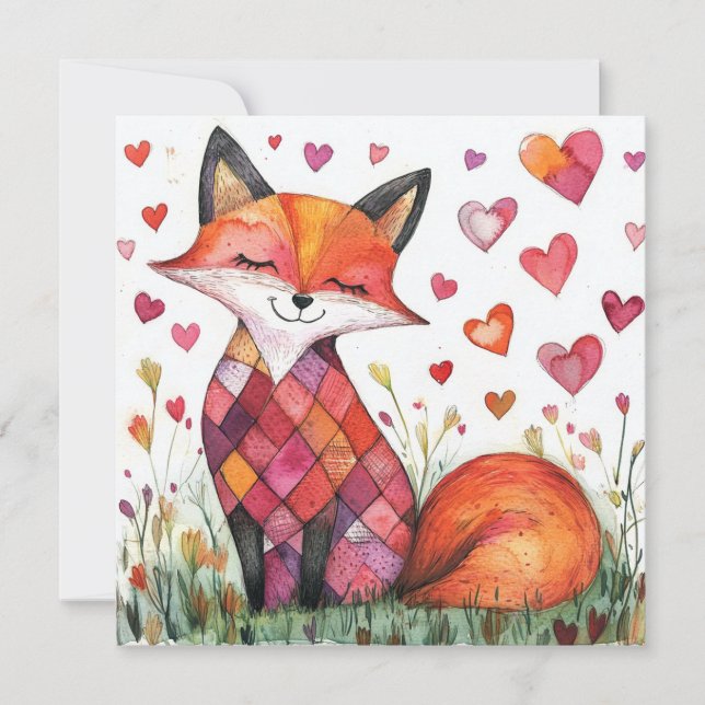 Tarjeta de color de agua Valentine Fox (Anverso)
