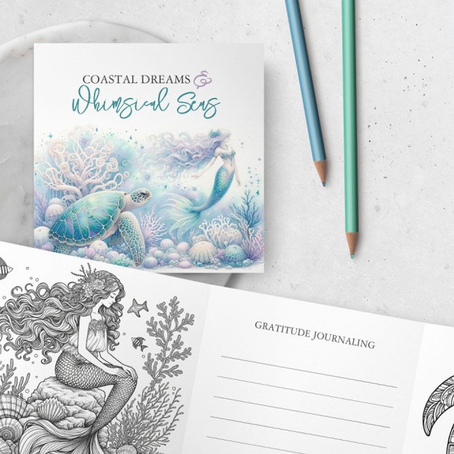 Tarjeta de colores para el océano místico (Unique get well card opens to adult coloring pages and journaling mermaid and sea turtle theme)