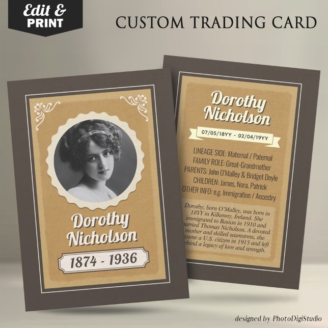 Tarjeta de comercio de antepasado personalizado, t (Vintage Custom Ancestor Trading Card, Family Heritage Card Personalized Family Gifts Keepsakes)