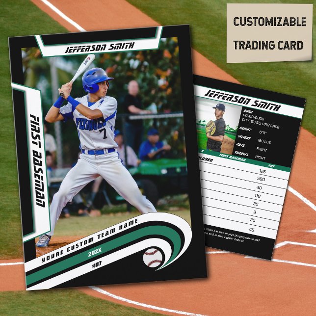 Tarjeta de Comercio de Béisbol Verde Vivo Negro (Baseball Player Trading Card in Black with Custom Team Name and White Green Elements)