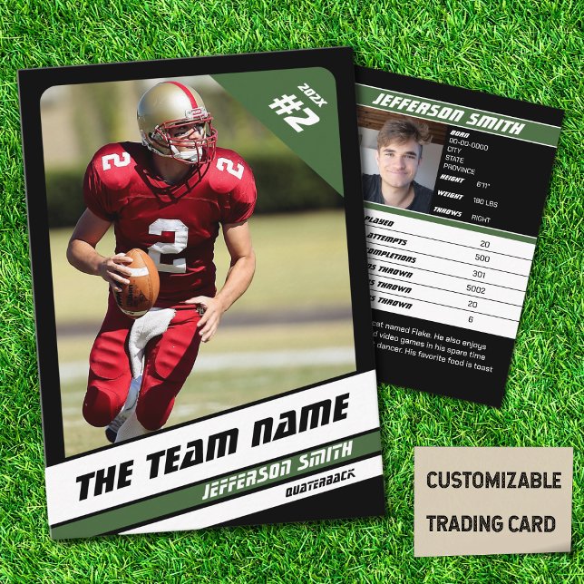 Tarjeta de comercio de equipos de fútbol Sport Gif (American Football Player Trading Card in Black with Custom Team Name with Green Stripes
)