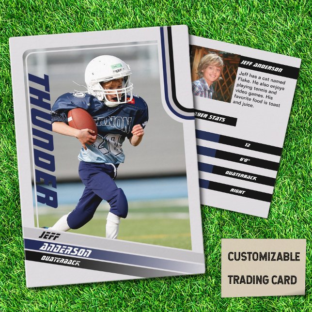 Tarjeta De Comercio De Fútbol Blue American Para N (American Football Player Trading Card for Kids in Grey with Custom Team and Player Name Blue)