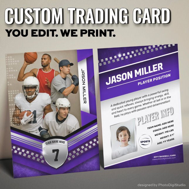 Tarjeta de comercio personalizado, plantilla Depor (Custom Trading Card Template, All Sport Trading Card, Modern Purple Silver Design for All Sports)