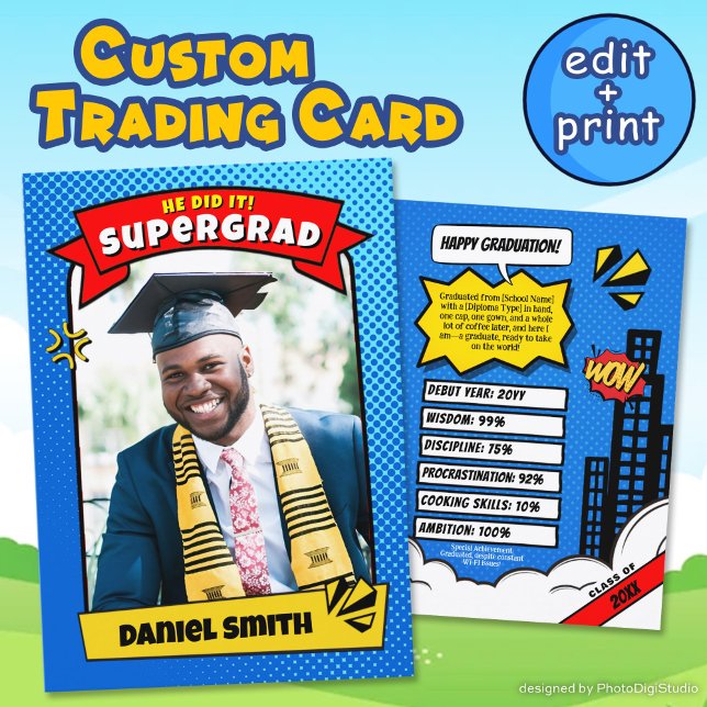 Tarjeta de compraventa de graduados editable, cómi (Editable Graduate Trading Card, Super Grad Comic Announcement Card)