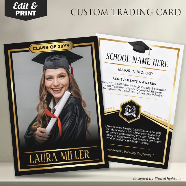 Tarjeta de compraventa editable para graduados Ele (Editable Graduate Trading Card, Elegant Black Gold Card, Custom Trading Card for Graduation)