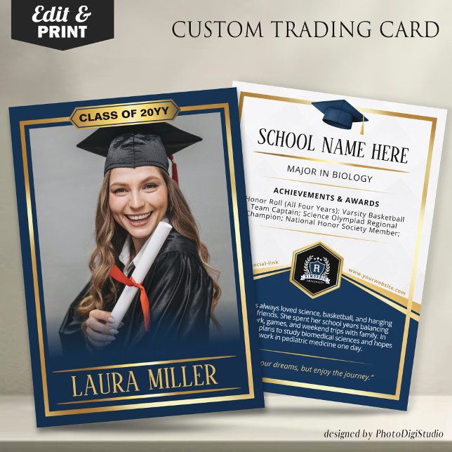 Tarjeta de compraventa editable para graduados Ele (Editable Graduate Trading Card, Elegant Blue Gold Card, Custom Trading Card for Graduation)
