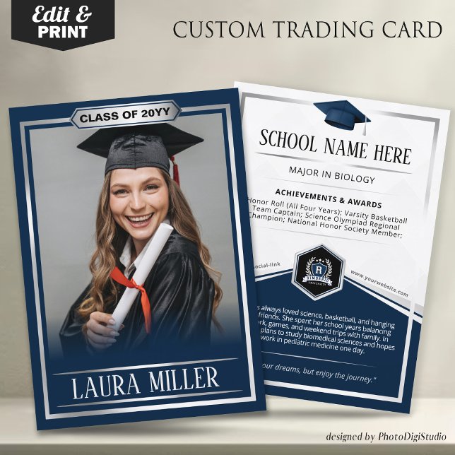 Tarjeta de compraventa editable para graduados Ele (Editable Graduate Trading Card, Elegant Blue Silver Card, Custom Trading Card for Graduation)