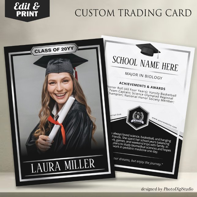 Tarjeta de compraventa para personalizado Graduado (Editable Graduate Trading Card, Elegant Black Silver Card, Custom Trading Card for Graduation)