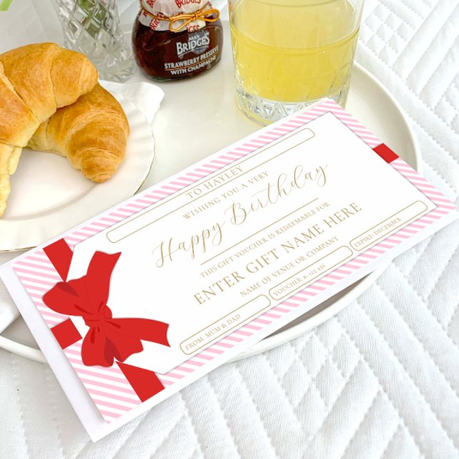 Tarjeta de comprobador Bow Pink Stripe Happy Birda (Subido por el creador)