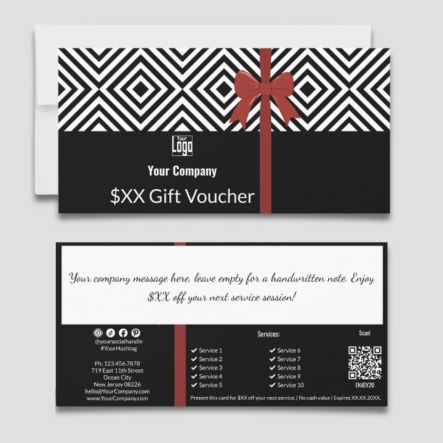Tarjeta de comprobador de cheques QR en blanco neg (Black White QR Code Company Note Gift Voucher Card, with Red Ribbon, QR code, Service List, Note)