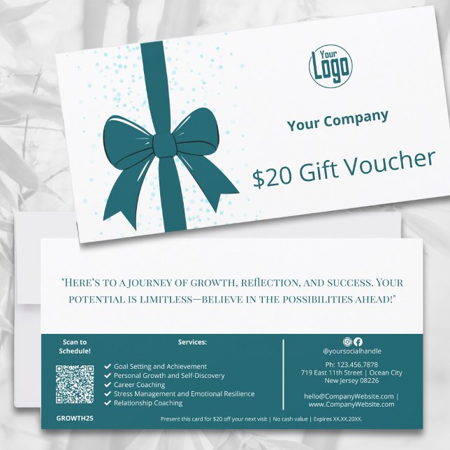 Tarjeta de comprobador de regalo de los servicios  (QR Code Teal Life Coach Services Gift Voucher Card, Ribbon, Logo, Company Handwritten Note)