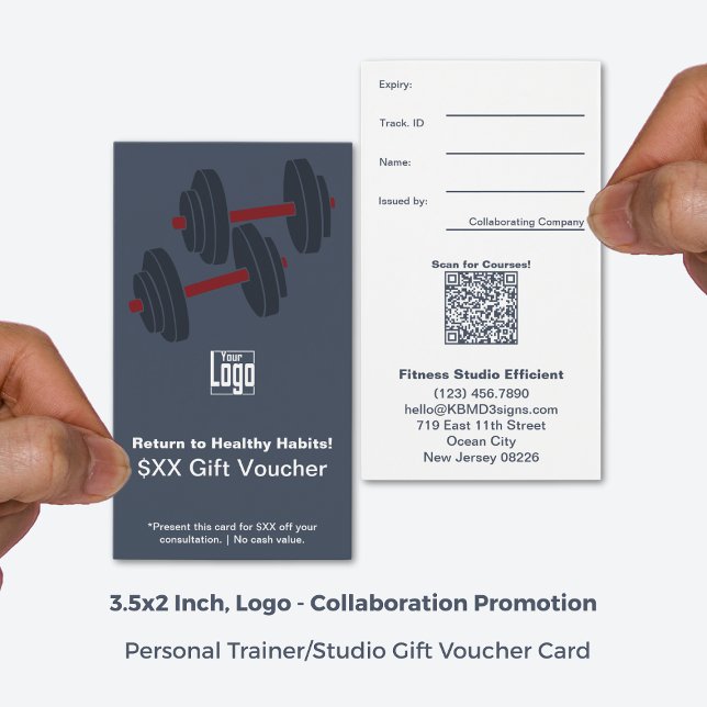 Tarjeta de comprobador de regalo de prueba de gimn (3.5x2 Inch, Portrait Format, Minimal Grey White Fitness Promo Gift Voucher Card)