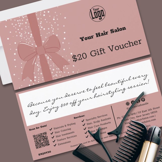 Tarjeta de comprobador de regalo para tarjeta de r (Pink Black QR Code Salon Note Gift Voucher Card, Ribbon)