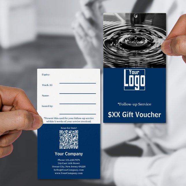 Tarjeta de comprobador de servicio de seguimiento  (Modern Photo Follow-Up Service Voucher Card, Blue White Brand Color)