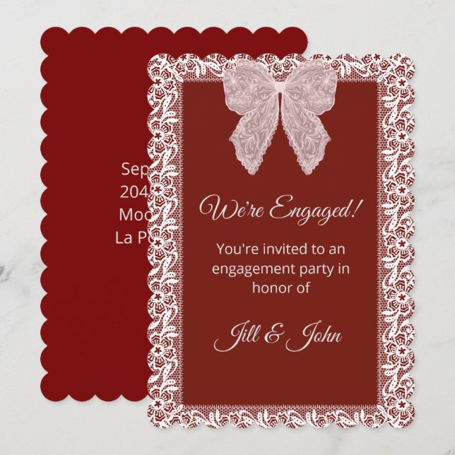 Tarjeta de Compromiso Boda Elegante Lazo de Encaje (Anverso / Reverso)