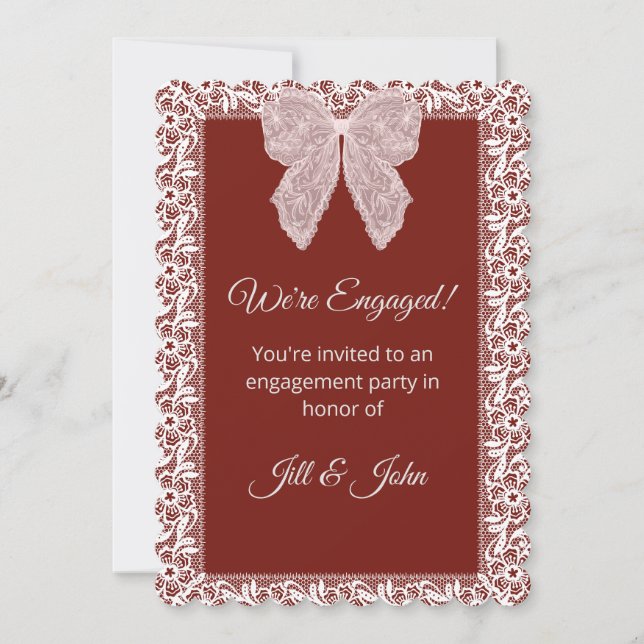 Tarjeta de Compromiso Boda Elegante Lazo de Encaje (Anverso)