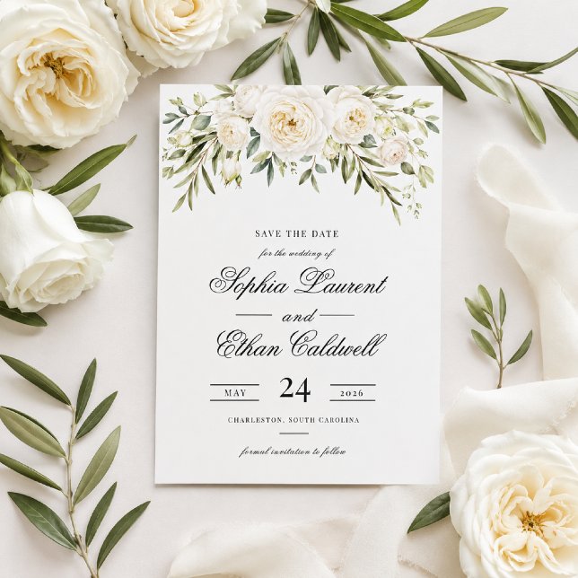 Tarjeta de Compromiso Bodas de Rosas de Jardín Bla (Save your date with timeless white roses and elegant minimalist style.)