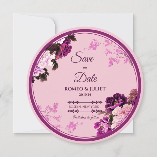 Tarjeta de compromiso de anillo floral púrpura par (Anverso)