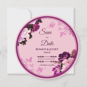 Tarjeta de compromiso de anillo floral púrpura par