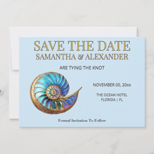 Tarjeta de compromiso de boda Blue Shell Save the  (Anverso)
