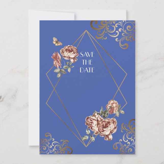 Tarjeta de compromiso de boda con diseño floral az (Anverso)