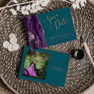 Tarjeta de compromiso de boda con foto púrpura ága