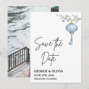 Tarjeta de compromiso de boda con lámpara azul jap