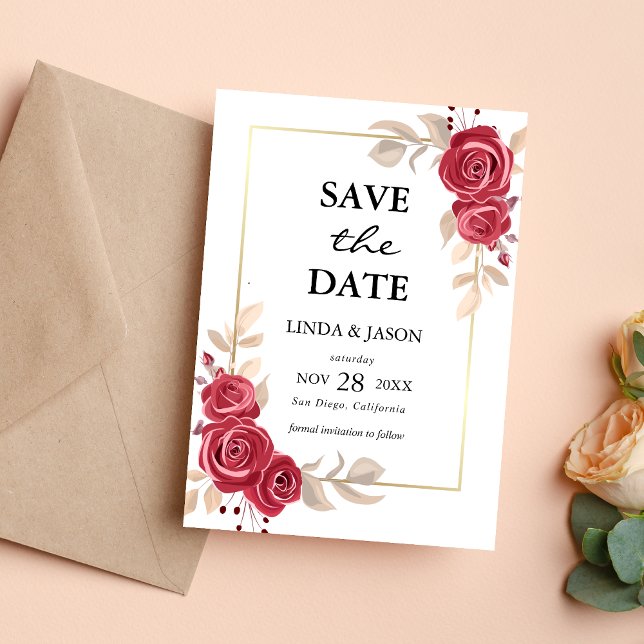 Tarjeta de compromiso de boda con marco dorado y f (Subido por el creador)
