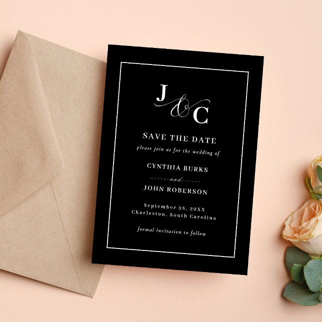 Tarjeta de compromiso de boda con monograma y ampe (Ampersand monogram save the date cards add a chic touch while announcing your wedding day.)