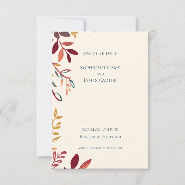 Tarjeta de compromiso de boda de hojas de otoño |  (Anverso)