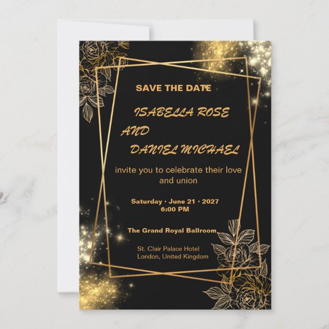 Tarjeta de compromiso de boda de lujo en oro Save  (Anverso)