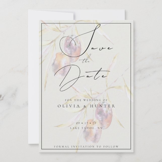 Tarjeta de compromiso de boda de rama de olivo acu (Anverso)