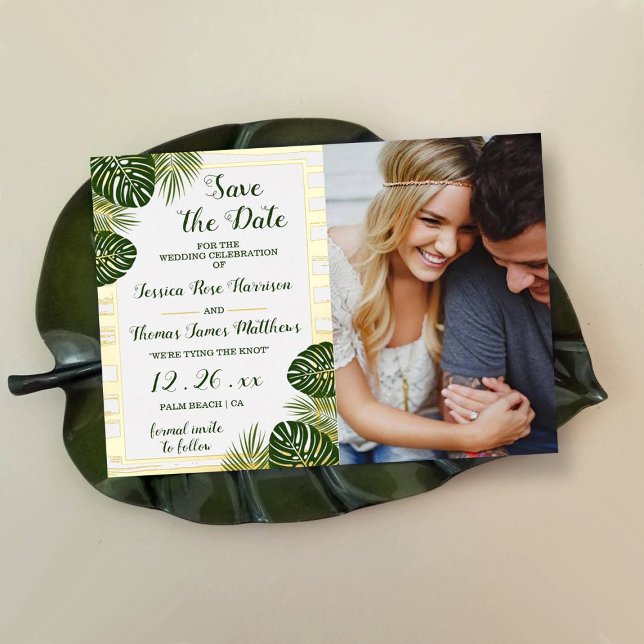 Tarjeta de compromiso de boda en la playa con hoja (Subido por el creador)