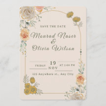 Tarjeta de compromiso de boda floral en dorado pas