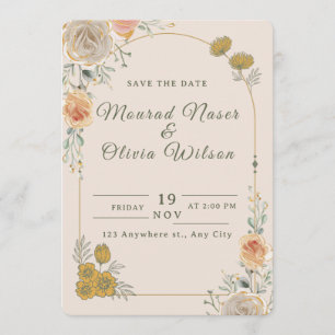 Tarjeta de compromiso de boda floral en dorado pas