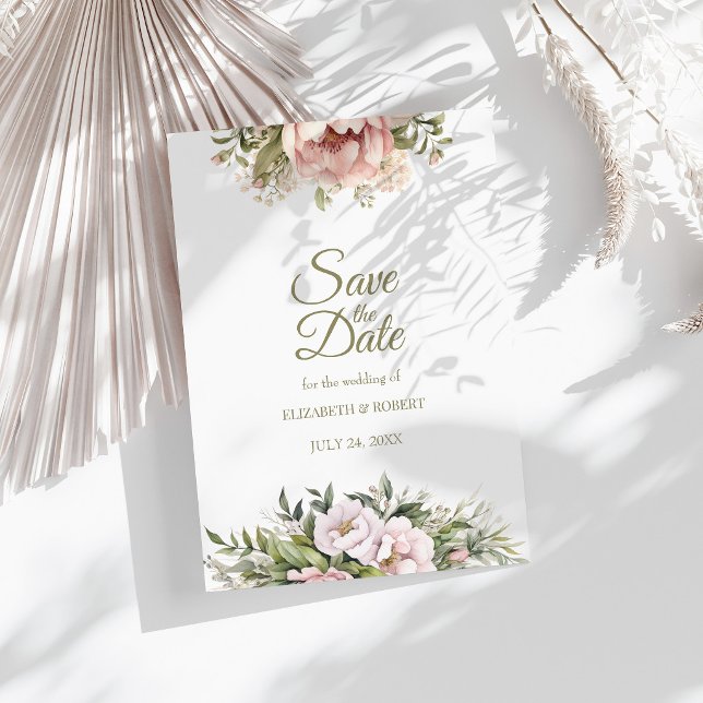 Tarjeta de Compromiso de Peonía de Rosa Suave (Soft Blush Peony Save The Date Card on a sunny white table with botanical decor)