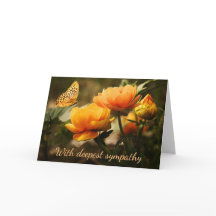 Tarjeta de condolencia con flores naranjas y marip