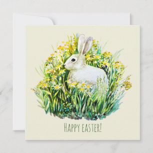 Tarjeta de conejito blanco y flores
