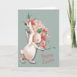 Tarjeta de conejito de Pascua entregando flores