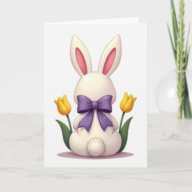 Tarjeta de conejito de primavera con lazo de marfi (Anverso)