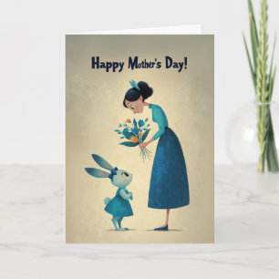 Tarjeta de conejito tímido dando flores a mamá