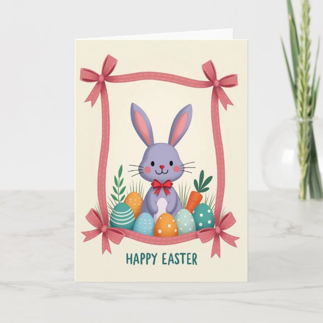 Tarjeta de conejito y huevos decorados (Anverso)