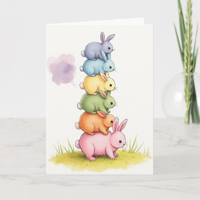 Tarjeta de conejitos apilados pastel (Anverso)