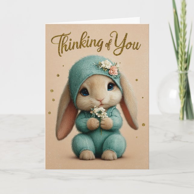 Tarjeta de conejo bebé de punto azul verdoso Pensa (Anverso)