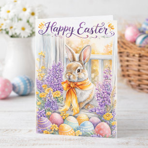 Tarjeta de conejo de Pascua feliz en acuarela Fl