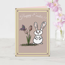 Tarjeta de conejo de Pascua saltarín y tulipanes