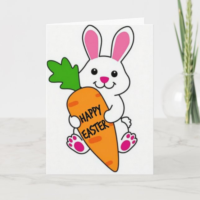 Tarjeta de conejo de primavera feliz con zanahoria (Anverso)