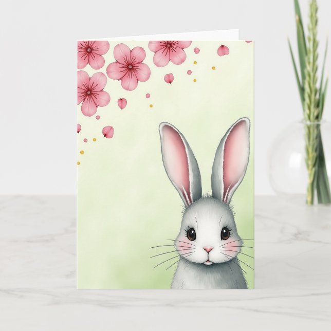 Tarjeta de Conejo Gris Pétalos Rosados (Anverso)