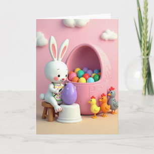 Tarjeta de conejo pintando huevo de Pascua