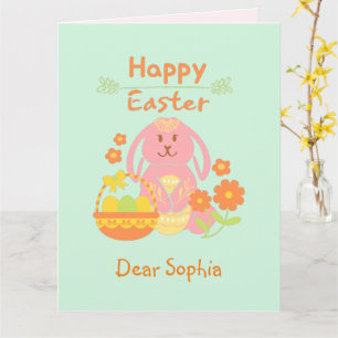 Tarjeta de Conejo Rosa y Flores de Pascua Feliz